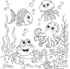 Obraz premium Cute underwater world coloring page with sea creatures illustration art