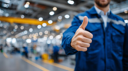 Close-up of factory employeeâs hand giving a thumbs-up, blurred industrial background with engineers and machinery, vibrant lighting highlighting teamwork and service excellence