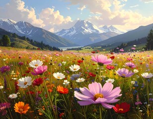 Scenic meadow with colorful wildflowers against backdrop of majestic mountains