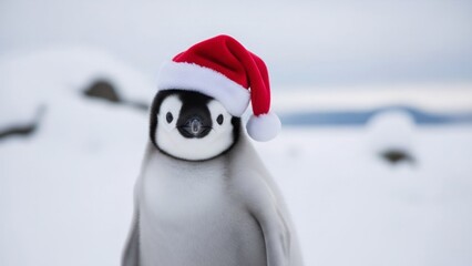Baby penguin wearing a red Santa hat standing in snowy landscape. Cute animal for Christmas and New Year holiday greeting card.