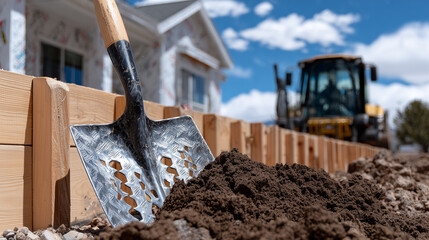Close-up of backyard pool wooden forms, dirt excavation and construction tools visible, house nearby, clear bright sky with gentle clouds, summer daytime scene