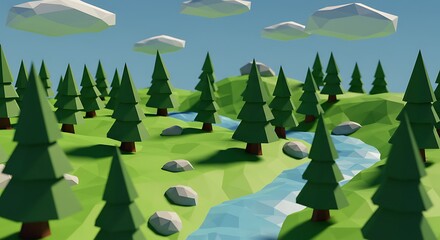 Stylized Low Poly Forest Landscape with River and Clouds.