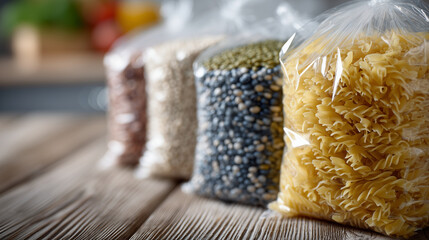 Close-up perspective of clear plastic bags with legumes, rice, and pasta, standing on white surface, concept of pantry staples and food distribution for charity