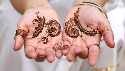 Close-up of henna-adorned palms, featuring intricate, dark designs