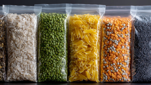 Assorted dry food items in upright plastic bags, including lentils, split peas, pasta, soybeans, and rice, minimalist white background highlighting organized grocery essentials