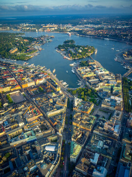 Aerial View Over Stockholm City at Golden Hour Summer Sunset