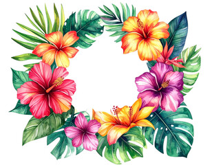 Circular Watercolor Tropical Wreath with Palm and Banana Leaves, Isolated