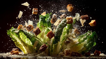 fresh caesar salad ingredients exploding. The image captures the dynamic energy of this classic dish