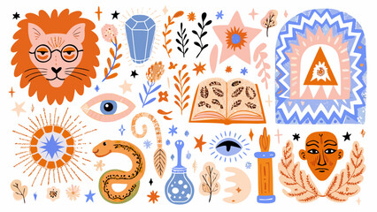 Mystical collection of esoteric symbols and elements