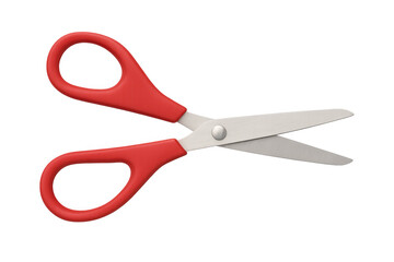 Red scissors with open metal blades, an essential cutting tool for crafts, school, office work, and diy projects
