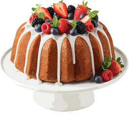 Delicious Homemade Bundt Cake Vector with Drizzled White Glaze Icing and Abundant Fresh Summer Berries Topping on a Classic White Cake Stand.