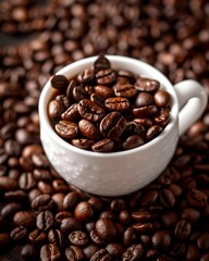 Fototapeta premium A close-up shot of a white cup overflowing with freshly roasted coffee beans surrounded by scattered beans