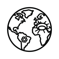 Earth Globe with Gear and Sun Icons: Global Systems, Technology, and Solar Energy Concept Line Art