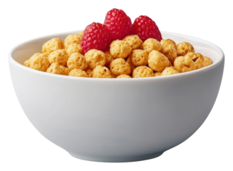 PNG An isolated cereal with raspberry in a clean white bowl raspberries background minimal.