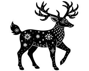 Stylized black deer silhouette with white snowflake and floral ornaments