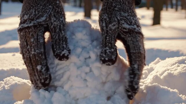 Winter fun in the snow as hands shape a large snowball for outdoor play and enjoyment during the chilly season