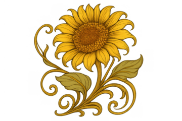 Sunflower drawing with art nouveau style floral design, ornate swirling stem and leaves, transparent background