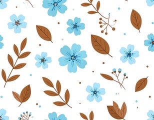 Seamless floral pattern with blue flowers and brown leaves against white backdrop