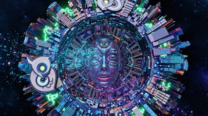 Intricate psychedelic artwork reveals a surreal multi-eyed face - Powered by Adobe