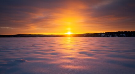 Vibrant Sunset Over Frozen Lake Reflecting Warm Colors.