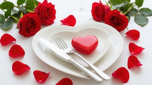 Romantic dinner setting with red roses and heart shaped candy table setting love - Powered by Adobe