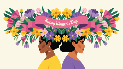 Diverse women celebrated with vibrant floral crown and happy womens day banner