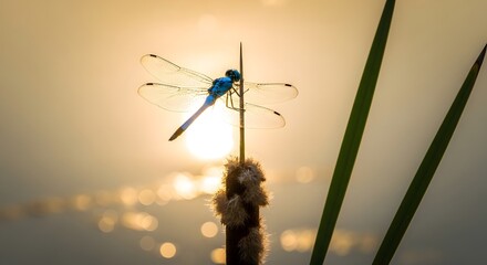 Blue Dragonfly on Cattail Silhouette Against Golden Sunset Bokeh Light
