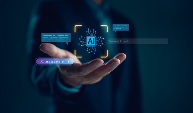 AI assistant technology concept with businessman presenting digital interface, representing artificial intelligence, chatbot interaction, generative AI, machine learning, and smart automation.