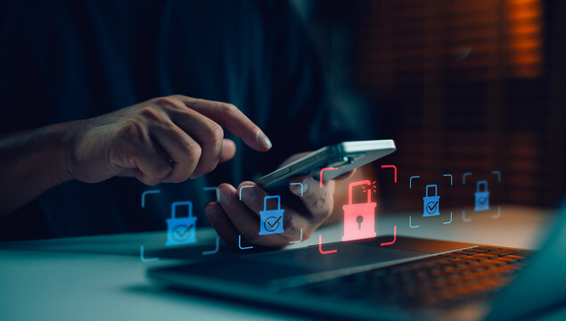 Cybersecurity concept showing man using smartphone with security icons, representing data protection, online privacy, mobile security breach and internet safety awareness.
