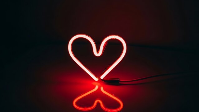 Red neon heart on dark background with reflections