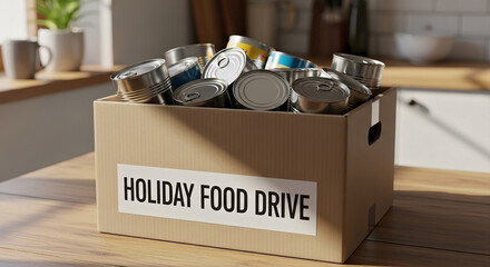 Holiday food drive featuring donation box full of cans. A holiday food drive is a great way to give back during the season.