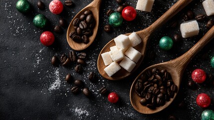 Flat lay of Christmas sugar cubes, espresso beans, and tiny festive spoons on matte black backdrop, bright highlights with wide copy space
