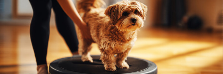 A small senior dog stands carefully on a balance disc as a young woman gently supports it, helping enhance its mobility and strength during a rehabilitation session, banner