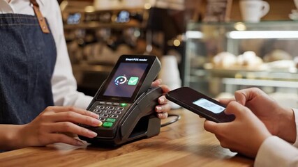 Customer Pays With Smartphone QR Code at Cafe Point of Sale Terminal. - Powered by Adobe
