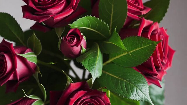 Beautiful red roses bouquet with vibrant green leaves arranged for a special occasion