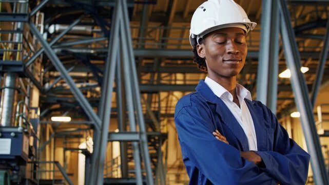 Skilled engineer in blue uniform and hard hat poses confidently in industrial workspace