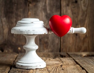 Red Heart Resting on a White Wooden Spool Against Rustic Background