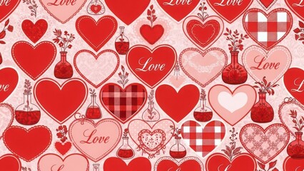Red and pink hearts with vases and floral accents seamless pattern love