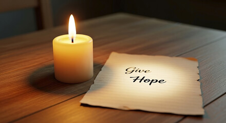 Candle burning casting soft light beside handwritten note that says Give Hope, creating warm glow. Candle beside message card with inspirational quote about Give Hope on wooden table.