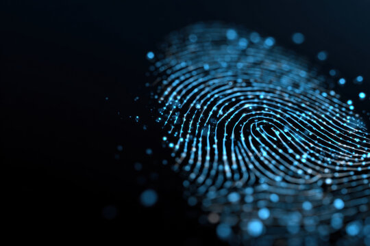 Digital fingerprint with glowing lines, biometric security concept. represents digital security and identity verification using a fingerprint scan. - Powered by Adobe