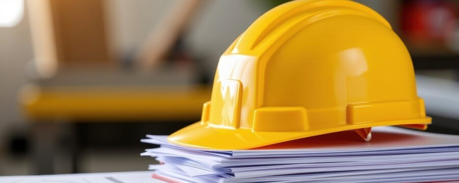 Construction workflow efficiency office setting professional yellow hard hat organized environment focused viewpoint