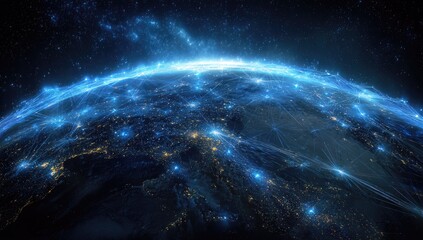 Glowing globe with interconnected light trails, representing global networks in space