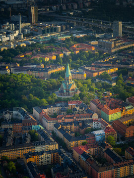 Aerial View Over Stockholm City at Golden Hour Summer Sunset
