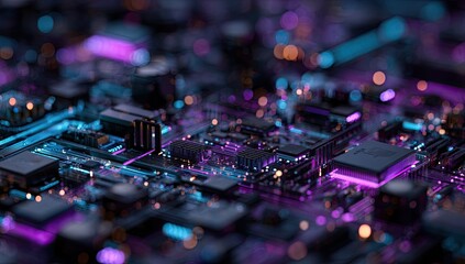 Close-up of a vibrant, illuminated circuit board, showcasing intricate digital components
