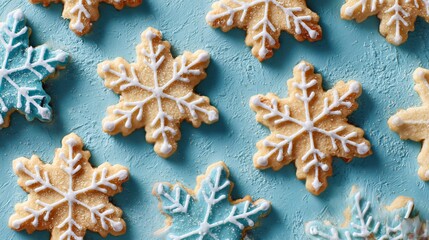 Flat lay of frosted sugar cookies shaped like snowflakes on a textured pastel blue backdrop, crisp shadows and open negative space