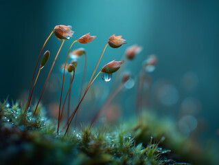 Delicate moss sprouts with dew drops glowing in teal forest light, celebrating Earth Day biodiversity, fragile ecosystems and the quiet resilience of nature