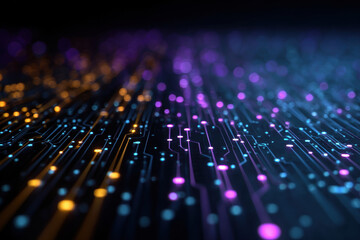 Abstract digital circuit board with glowing neon lights and bokeh effects. Close-up view of a futuristic electronic circuit board with vibrant blue and purple lights, creating a sense of data flow.
