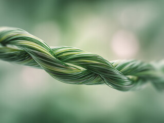 Twisted strand of green fibers resembling braided grass against soft light, symbolizing Earth Day connection, resilience and the strength of woven natural communities