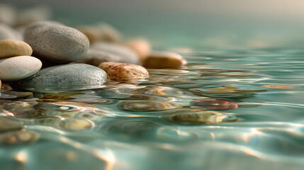 Smooth river stones resting in shallow turquoise water at golden light, evoking Earth Day appreciation for clean rivers, calm coasts and natural balance