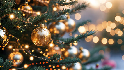 Obraz premium Golden Christmas Tree Ornaments with Warm Holiday Lights in Soft Bokeh Background